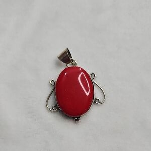 Red Coral Natural Gemstone Necklace Pendant Oval Sterling Silver Plated NWOT
